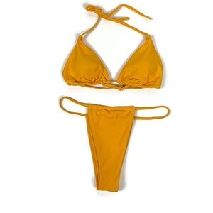 3 Piece Mustard Yellow Bikini High Wasted Sheer Bottom Cover Up